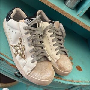 Golden Goose White Leather Sneakers with Gold Glitter Star